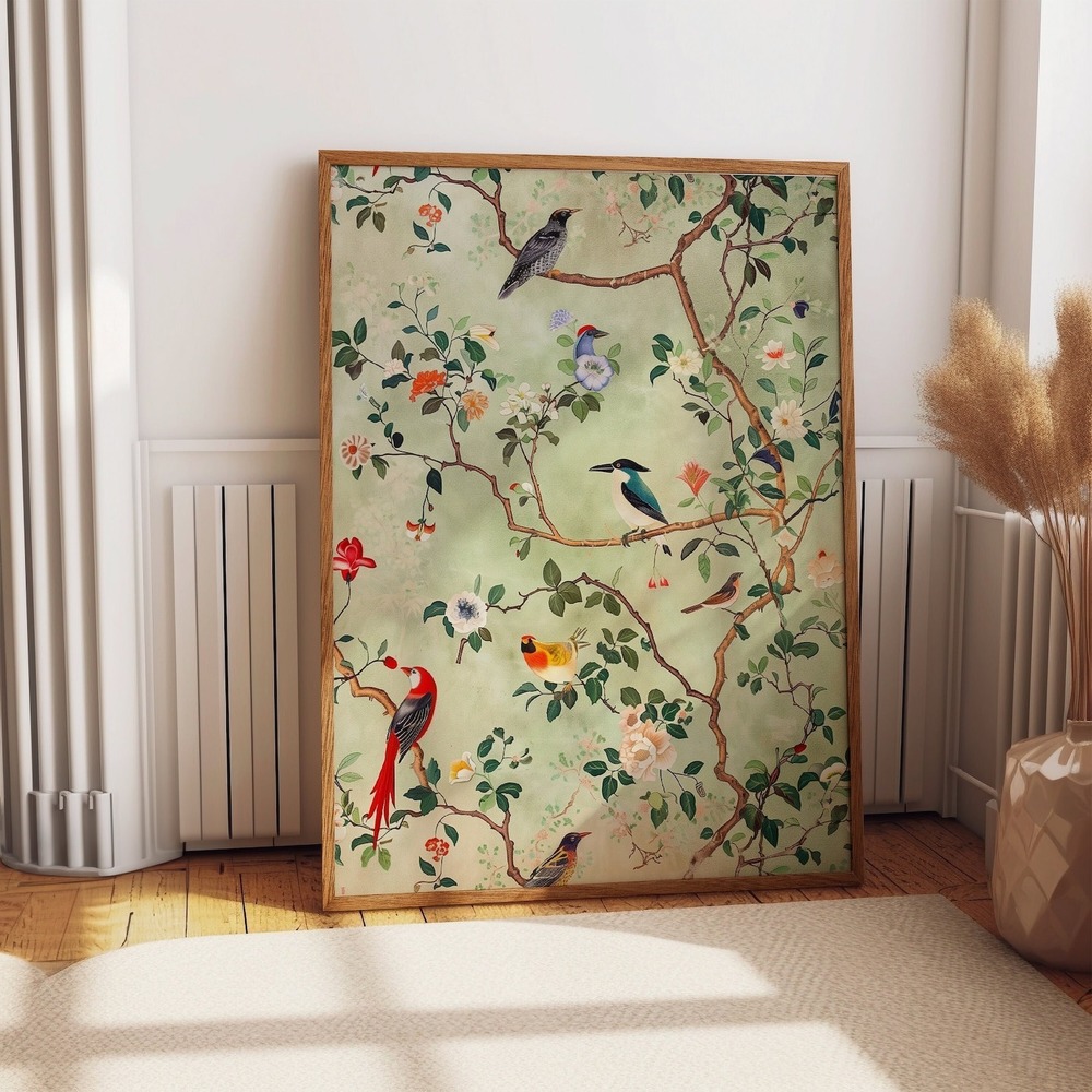 Colorful Birds And Flowers Poster - Chinoiserie Inspired Designs Wall Decor